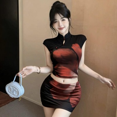 晕染盘扣短版旗袍上衣+短裤裙套装